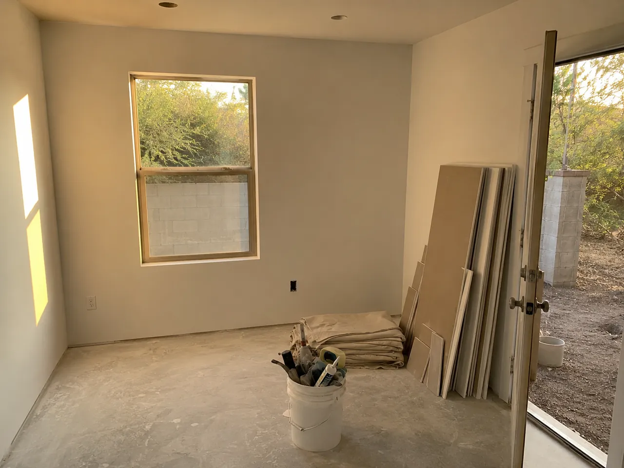 A tidy drywall job site cleaned up at the end of the day in Spring Valley